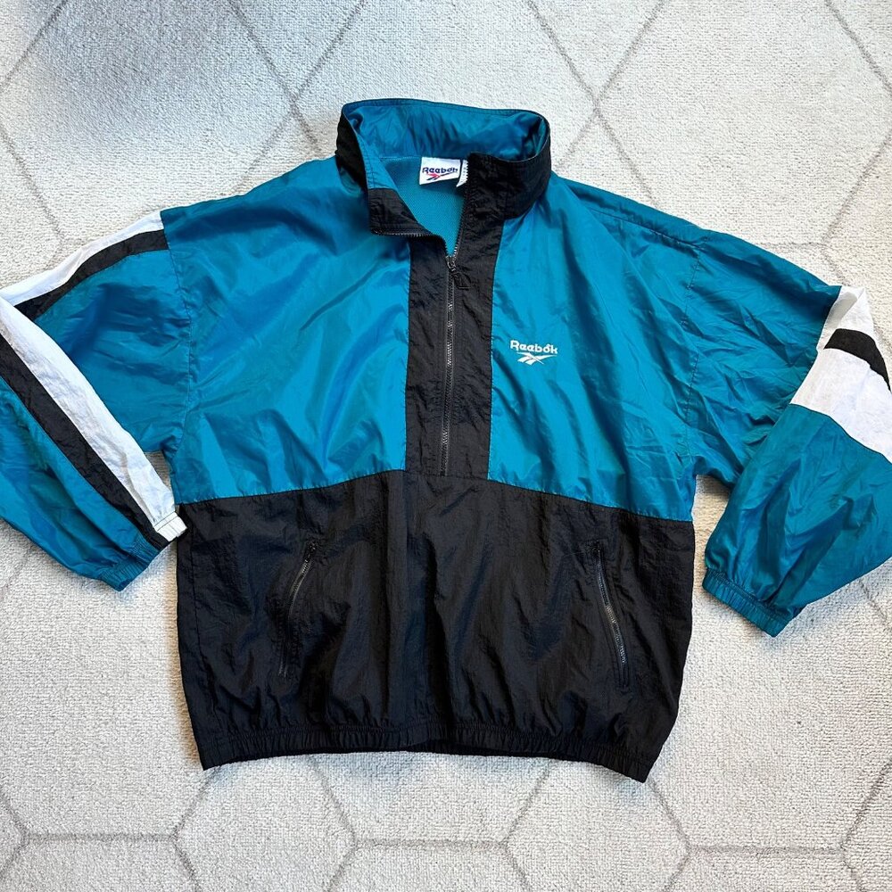 Vintage Reebok 80s/90s Colorblock Blue/Teal/Black Windbreaker Jacket L